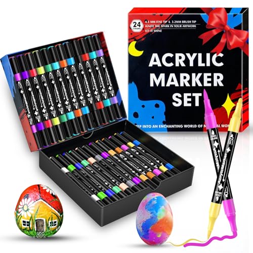 Dictien 24 Acrylstifte für Steine Wasserfest,0.5-5mm Wasserfester Dual Tip Marker (Pinsel und Dickschädel), Stifte für Steine Bemalen, Acrylstifte verschiedene Oberflächen mit Doppelspitze von Dictien