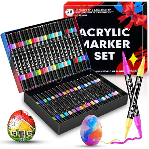 Dictien 36 Acrylstifte für Steine Wasserfest,0.5-5mm Wasserfester Dual Tip Marker (Pinsel und Dickschädel), Stifte für Steine Bemalen, Acrylstifte verschiedene Oberflächen mit Doppelspitze von Dictien