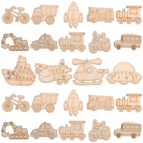 Didiseaon 50 Stück Holzchipsspielzeug unvollendete Ausschnitte DIY malerei handwerk Mini malen Party woodcarver Holzflugzeug Holzauto Holzschnitte leere Holzspäne Holzscheiben Ausschnitte von Didiseaon