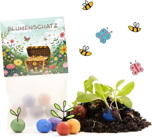 10 x "Blumenschatz" Blumenmurmeln | Kindergeburtstag | Mitgebsel für Schatzsuche-Geburtstage | Geschenke, Kleinigkeit, nachhaltige Geschenktüte | Samenbomben, Saatbomben, Seedbombs für Kinder von Die Stadtgärtner