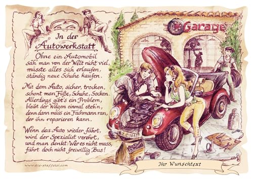 Die Staffelei - Autowerkstatt Wandbild: Witziges Gedicht mit liebevoller Zeichnung auf hochwertigem Papier - Geschenkidee für die Autowerkstatt von Die Staffelei