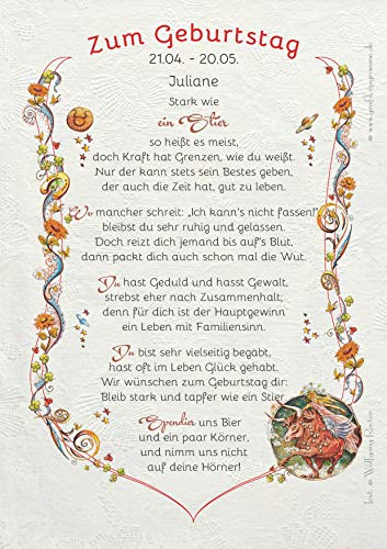 Die Staffelei Geschenkkarte für das Sternzeichen Stier Urkunde A4 / Witziges Gedicht auf hochwertigem Papier/besondere Geschenkidee für den Stier Die Staffelei Geschenkkarte für das Sternzeichen Stier Urkunde A4 / Witziges Gedicht auf hochwertigem Papier/besondere Geschenkidee für den Stier von Die Staffelei