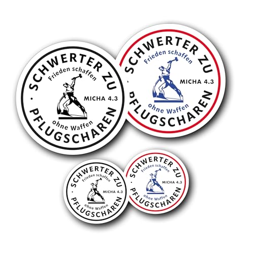 Die Staffelei Sticker „Schwerter zu Pflugscharen - Frieden schaffen ohne Waffen“ / selbstklebende Aufkleber in verschiedenen Ausführungen mit Infokarte (4 x 2 Stück, Sortiment) von Die Staffelei