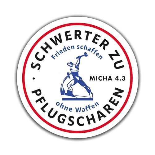 Die Staffelei Sticker „Schwerter zu Pflugscharen - Friedens schaffen ohne Waffen“ / selbstklebende Aufkleber in verschiedenen Ausführungen mit Infokarte (2 x 3 Stück bunt, 5cm & 10cm) von Die Staffelei