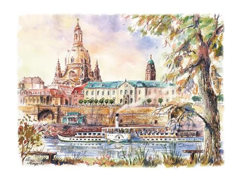 Die Staffelei Wandbild/Aquarellzeichnung A4 von Dresden/hochwertiges 250g Papier/besondere Geschenkidee für den Dresden-Freund (Blick auf die Altstadt mit Dampfer) von Die Staffelei
