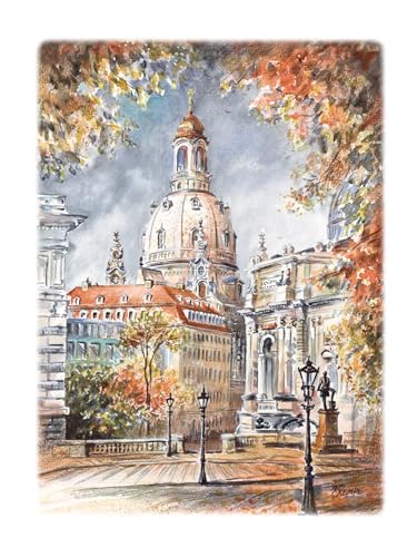 Die Staffelei Wandbild/Aquarellzeichnung A4 von Dresden/hochwertiges 250g Papier/besondere Geschenkidee für den Dresden-Freund (Frauenkirche, Motiv Herbstlaub) von Die Staffelei