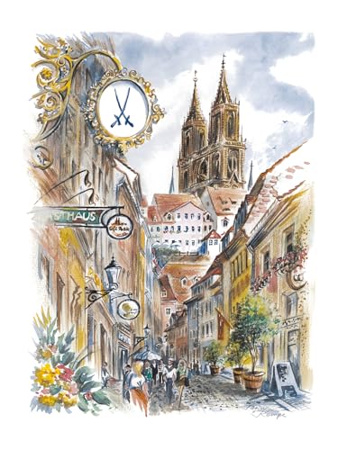 Die Staffelei Wandbild/Aquarellzeichnung A4 von Sachsen/hochwertiges 250g Papier/besondere Geschenkidee für den Sachsen-Freund (Meißen, Motiv Burgstraße) von Die Staffelei