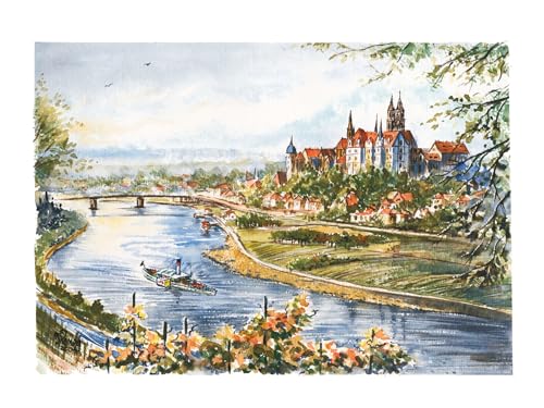 Die Staffelei Wandbild/Aquarellzeichnung A4 von Sachsen/hochwertiges 250g Papier/besondere Geschenkidee für den Sachsen-Freund (Meißen, Motiv Elbe) von Die Staffelei
