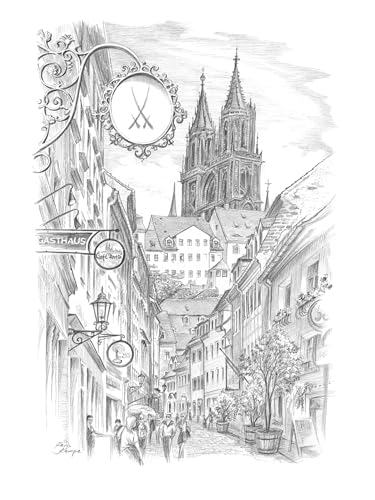 Die Staffelei Wandbild/Bleistiftzeichnung A4 von Meißen/hochwertiges 250g Papier/besondere Geschenkidee für den Meißen-Freund (Burgstraße) von Die Staffelei