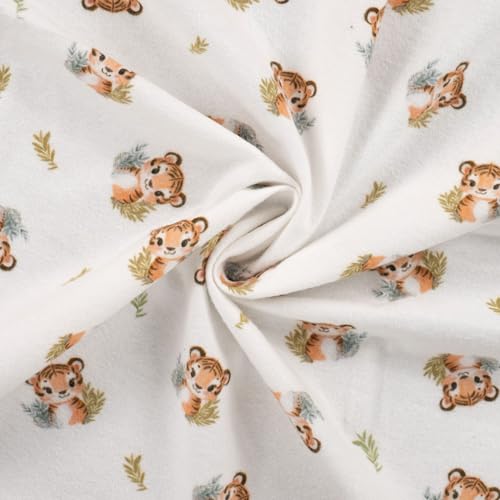 Baumwoll-Flanellstoff Digitaldruck – 100 % Baumwolle, 145 cm breit, 150 g/m² – Kuschelstoff Meterware für Baby & Kinder, 5 Designs, ecru – Nähen (Tiger) von Die Stofftante