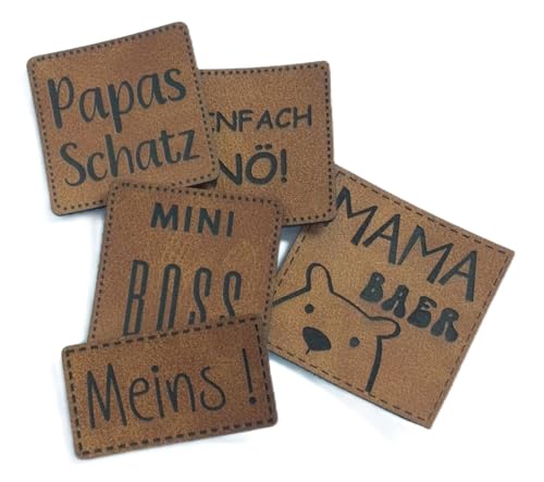 Handmade Label Set | Labels Kunstleder | Set á 5 Stück | witzige Sprüche und Motive | hellbraun (Jungen 1) von Die Stofftante