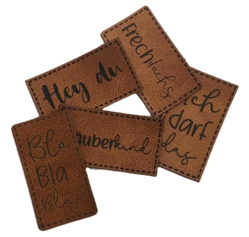 Handmade Label Set | Labels Kunstleder | Set á 5 Stück | witzige Sprüche und Motive | hellbraun (Set 1) von Die Stofftante