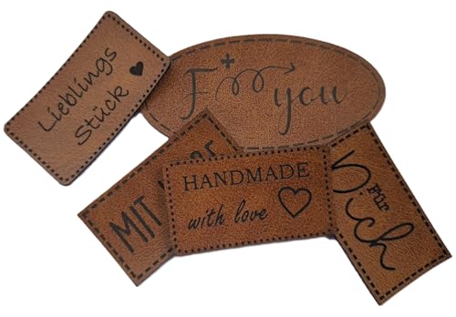 Handmade Label Set | Labels Kunstleder | Set á 5 Stück | witzige Sprüche und Motive | hellbraun (Set 2) von Die Stofftante
