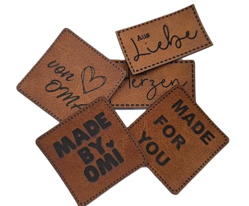 Handmade Label Set | Labels Kunstleder | Set á 5 Stück | witzige Sprüche und Motive | hellbraun (Set 3) von Die Stofftante