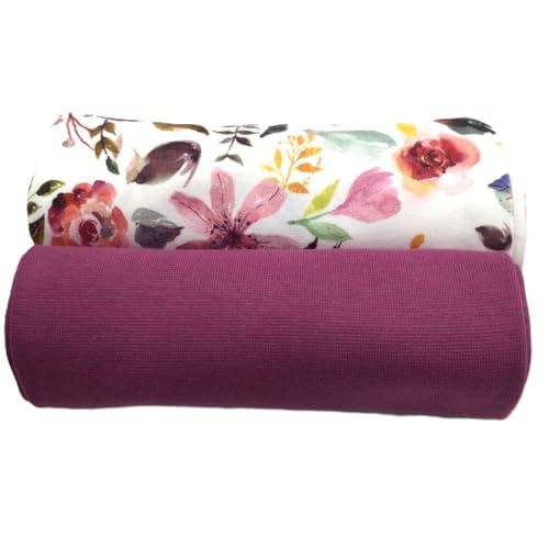 Jerseystoff Set | Jersey + Bündchen | farblich perfekt abgestimmt | je 0,5 m | Jerseystoff zum Nähen von Baby- und Kinderkleidung (Painted Flowers, Weiß) von Die Stofftante
