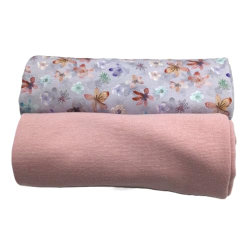 Jerseystoff Set | Jersey + Bündchen | farblich perfekt abgestimmt | je 0,5 m | Jerseystoff zum Nähen von Baby- und Kinderkleidung (Waterflowers, Lilac) von Die Stofftante