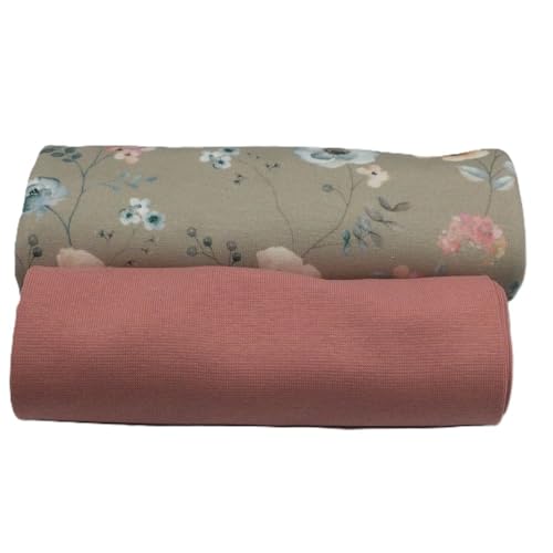Jerseystoff Set | Jersey + Bündchen | farblich perfekt abgestimmt | je 0,5 m | Jerseystoff zum Nähen von Baby- und Kinderkleidung (Flowers, taupe) von Die Stofftante