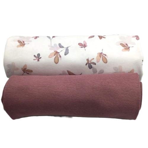 Jerseystoff Set | Jersey + Bündchen | farblich perfekt abgestimmt | je 0,5 m | Jerseystoff zum Nähen von Baby- und Kinderkleidung (Leaves, nude) von Die Stofftante