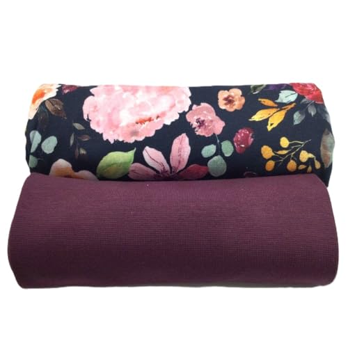 Jerseystoff Set | Jersey + Bündchen | farblich perfekt abgestimmt | je 0,5 m | Jerseystoff zum Nähen von Baby- und Kinderkleidung (Painted Flowers, Navy) von Die Stofftante