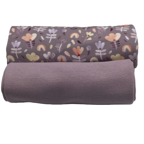 Jerseystoff Set | Jersey + Bündchen | farblich perfekt abgestimmt | je 0,5 m | Jerseystoff zum Nähen von Baby- und Kinderkleidung (Rainbow Flowers, mauve) von Die Stofftante