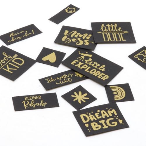 SNAPPAP Label Bogen | verschiedene Designs | DIY Labels für Bekleidung (Kids (40 Labels) schwarz-gold) von Die Stofftante