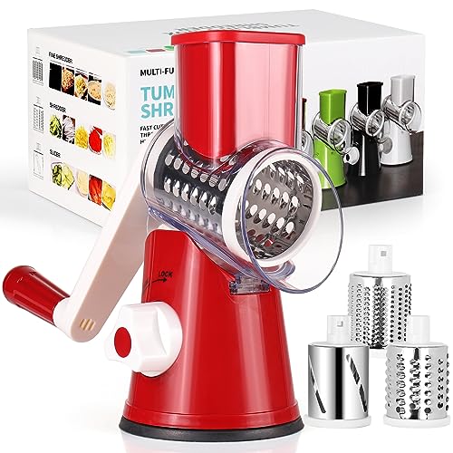 Diealles Shine Käsereibe mit Kurbel, Reibe für Gemüse mit 3 Edelstahl Austauschbaren Trommelklingen, Manuelle Trommelreibe, Gemüseschneider, Ideal für Gurken, Käse und Nüsse, Karotten usw(Rot) von Diealles Shine