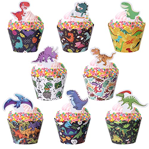 Kuchen Deko Dinosaurier, Diealles Shine 48 Stück Cupcake Wrappers mit Cake Topper Dino, Niedliche Muffinförmchen Papier Kinder, Tortendeko Dinosaurier fur Geburtstag Party von Diealles Shine