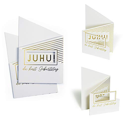 Diese-Klappkarten 2er Set Karte Geburtstag JUHU! | Geburtstagskarte edel, zum Aufstellen, Weiß mit Goldfolienprägung | Gutschein, Glückwunschkarte zum Geburtstag, 3D Effekt, X048 von Diese-Klappkarten