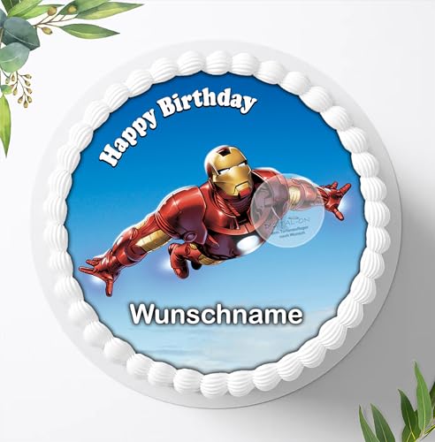 Für den Geburtstag ein Tortenbild, Zuckerbild mit dem Motiv: Iron Man Avengers mit Wunschname, Essbares Foto für Torten, Fondant, Tortenaufleger Ø 20cm, 0713w von Digital-on