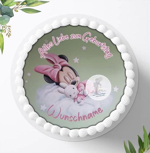 Für den Geburtstag ein Tortenbild mit Wunschname, Zuckerbild mit dem Motiv: Minnie Maus, Essbares Foto für Torten, Fondant, Tortenaufleger Ø 20cm, 0502w von Digital-on