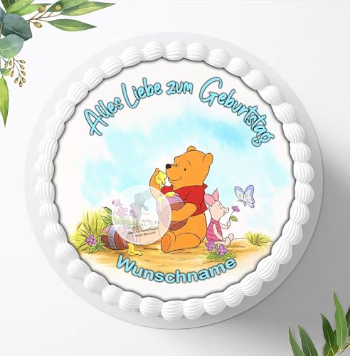 Für den Geburtstag ein Tortenbild mit Wunschname, Zuckerbild mit dem Motiv: Winnie Pooh, Essbares Foto für Torten, Fondant, Tortenaufleger Ø 20cm, 0565w von Digital-on