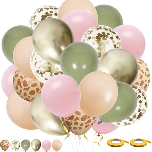50 rosa und grüne Luftballons, 30,5 cm, Retro, Salbeigrün, Olivgrün, staubiges Rosa, Latex-Luftballons mit metallischem Gold-Konfetti, für Babyparty, Dschungelsafari, Waldblumen von DiiWmme