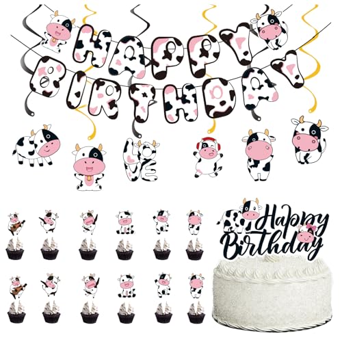 DiiWmme 21-teiliges Katzengeburtstagsparty-Dekorationsset, Happy Birthday-Banner, hängende Wirbel, Cupcake-Topper für Katzen, Motto-Partyzubehör (Milchkuh) von DiiWmme