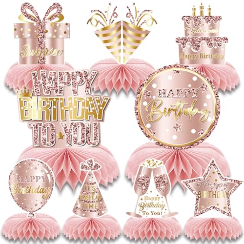 DiiWmme Schwarz und Gold Geburtstag Waben-Tischdekorationen, 8 Stück Roségold Tischdekorationen, Geburtstagsfeierbedarf, Wiederverwendbare Happy Birthday Tischdekorationen (Schwarz und Gold) (Rosa) von DiiWmme