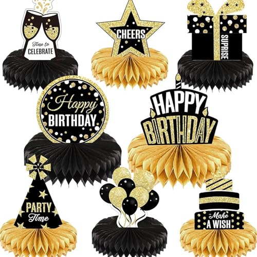 DiiWmme Schwarz und Gold Geburtstag Waben-Tischdekorationen, 8 Stück Roségold Tischdekorationen, Geburtstagsfeierbedarf, Wiederverwendbare Happy Birthday Tischdekorationen (Schwarz und Gold) von DiiWmme