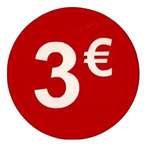 DiiliHiiri — 3€ Rabattaufkleber Runde Rote Preissticker 35mm Rolle mit 1000 Stück — Werbeaufkleber Preisaufkleber Räumungsaufkleber Preisschilder für Verkäufe Sonderangebotsaufkleber von DiiliHiiri