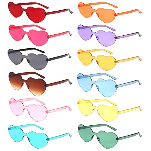 Diko 12 Pairs Hippie Herzförmige Brille,Randlose Interessant Brille für Geburtstagsfeier,Retro Party Sonnenbrille, Coloured Lenses for 60s 70s Party Costume Accessories (Colourful) von Diko