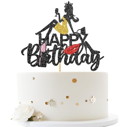 Happy Birthday Tortenaufsatz, Queen Lady Cheers to Makeup Party Spa Geburtstag Party Kuchen Dekorationen Geschenk Schild Schwarz Glitzer 30., 40., 50 von Dill-Dall