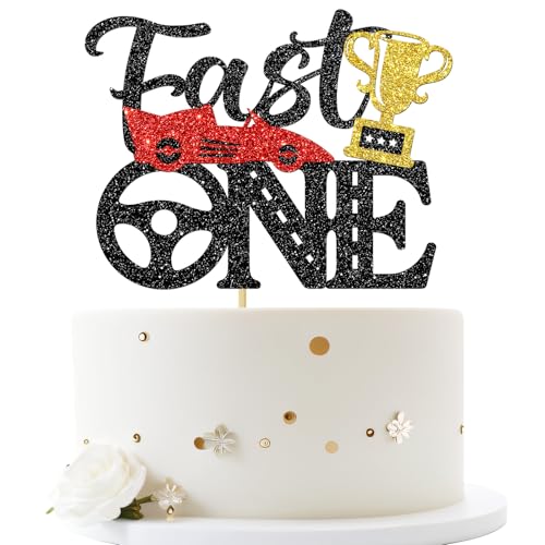 Tortenaufsatz mit Aufschrift "One Year Old", Fast One Race Car 1. Geburtstag, Party-Dekoration für Jungen, Rennmotto-Geburtstagsparty, schwarzer Glitzer von Dill-Dall
