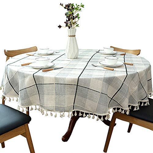schwere Baumwolle Leinen Tischdecke, rund, kariert, Quaste, für Küche Esszimmer Tischdekorationen, Durchmesser - 180cm, graues Plaid schwere Baumwolle Leinen Tischdecke, rund, kariert, Quaste, für Küche Esszimmer Tischdekorationen, Durchmesser - 180cm, graues Plaid von Dimatic