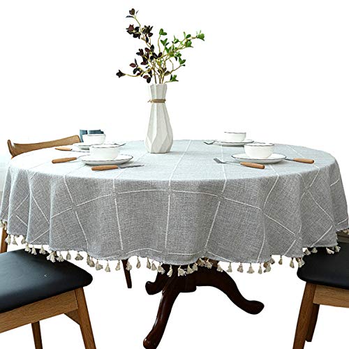 schwere Baumwolle Leinen Tischdecke, rundes, Kariertes Quaste Tischtuch für Küche Esszimmer Tischdekorationen, Durchmesser - 180cm, grau von Dimatic