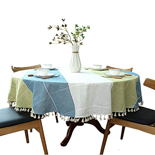 schwere Baumwolle Leinen Tischdecke, rund, kariert, Quaste, für Küche Esszimmer Tischdekorationen, Durchmesser - 200cm, Blau und Grün von Dimatic