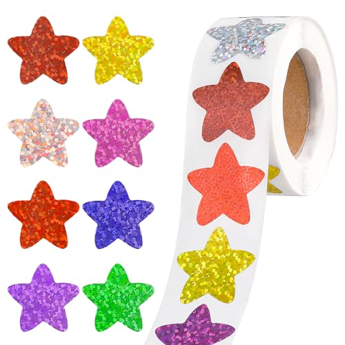 Dimeho 500 Stück Sticker Sterne Aufkleber, Bunte Laser Belohnungssticker Große Glitzer Sticker Selbstklebende Metallic Folienaufkleber Belohnung für Verhaltensdiagramm Etiketten Unterrichtsbedarf von Dimeho