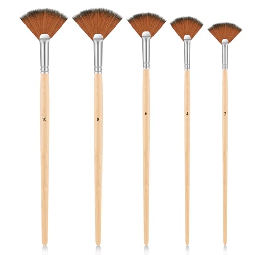 Dimeho Fächerpinsel Zum Malen, 5 Stück Malen Pinsel Set, Fächerpinsel für Acrylmalerei Ausfallsicher Fächerförmige Nylonhaar-Pinselspitzen Langer Holzgriff Künstlerserie Zeichenzubehör für Aquarell von Dimeho