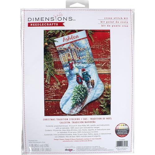 Dimensions 70-08995 Holiday Tradition DIY Personalisierbares Weihnachts-Kreuzstich-Strumpf-Set, 40,6 cm L, 14 Stück hellblaue Aida, verschiedene von Dimensions