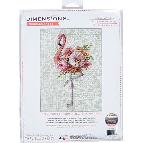 Dimensions 70-35409 Floraler Flamingo Kreuzstich-Set mit Tiermotiven, Baumwolle, 14 Cnt. Weißer Aida, 9" x 12" von Dimensions