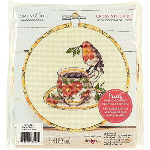 Dimensions Counted Cross Stitch Kit 6" Round-Birdie Teacup (14 Count) von Dimensions