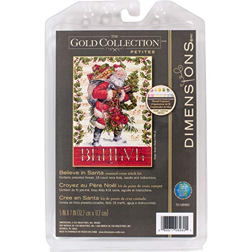 Dimensions 70-08980 Counted Kit, Christmas Cross Stitch, Count Ivory, 5'' x 7' Gold Collection Kreuzstich-Set, Motiv Believe In Santa, 18-fädiger Aida-Stoff, 12,7 x 17,8 cm von Dimensions