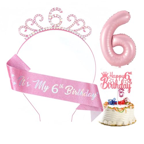 Dekorationssets zum 6. Geburtstag für Mädchen, inklusive Schärpe und Stirnband, Kerze, Tortenaufsatz, Folienballon für Mädchen, Geburtstagsgeschenk, Party-Dekoration, Zubehör (Rosa 6.) von Dimetey