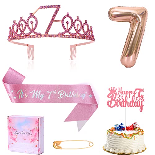 7. Geburtstag Dekoration für Mädchen,einschließlich "Es ist mein 7. Geburtstag" Schärpe Strass Krone "Happy 7th Birthday" Cake Topper, 32inch Folie 7 Ballon für Mädchen 7th Birthday Dekorationen von Dimetey